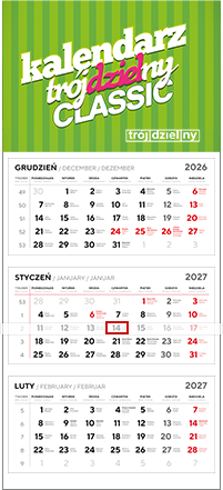 Kalendarz trójdzielny CLASSIC z główyką wypukłą ścienny biurowy reklamowy wiszący do biura