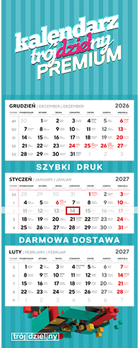 Kalendarze trójdzielne PREMIUM z główką wypukłą reklama między kalendarium stopka